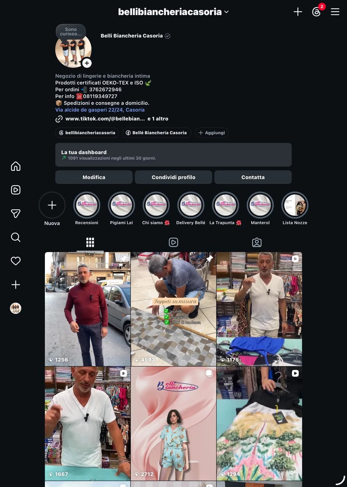 Screenshot del profilo Instagram di Belli Biancheria