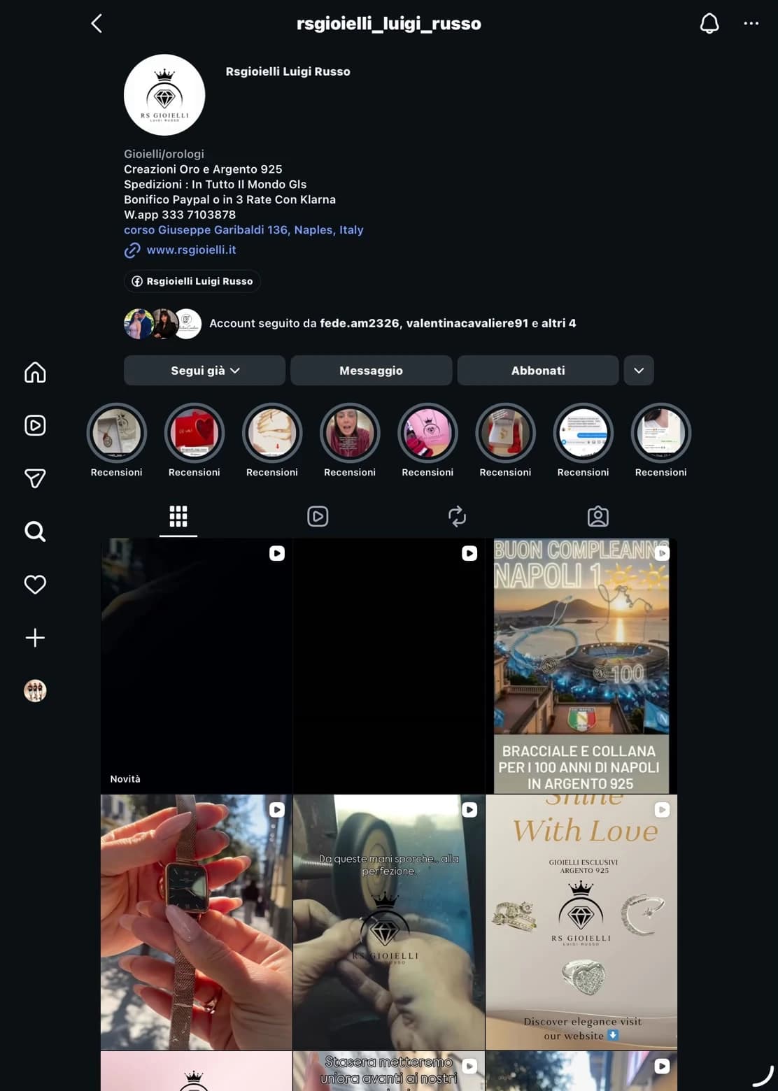 Screenshot del profilo Instagram di RS Gioielli Luigi Russo